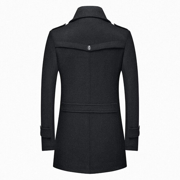 Men's Black 1 Wool Blend Coat Warm Winter Trench Coat With Detachable Soft Scarf - Picture 3 of 6